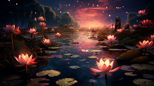黄昏下池塘中的发光莲花图片