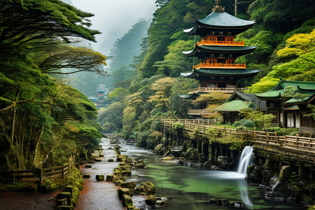 清澄寺中的瀑布景色高清图片