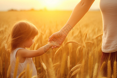 麦穗和小女孩女孩在金黄色的麦田行走背景
