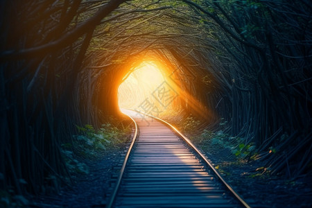 黑暗丛林茂密树林中的火车隧道设计图片