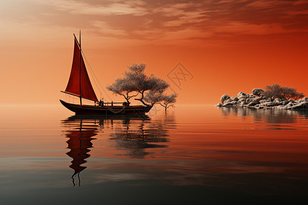 湖面泛舟在宁静水域上的船设计图片