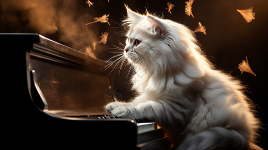 趴在钢琴键上的白猫背景图片