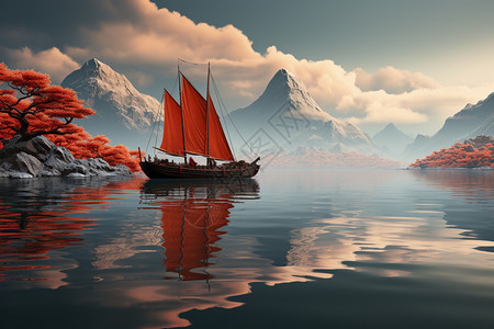 山红湖上挂着红帆的船设计图片
