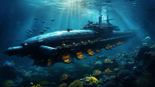 深海中的潜水艇背景图片
