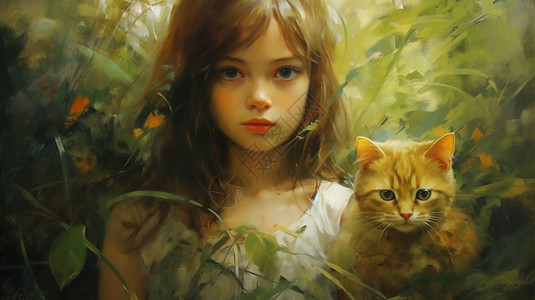 创意艺术女孩和猫咪油画插图背景图片