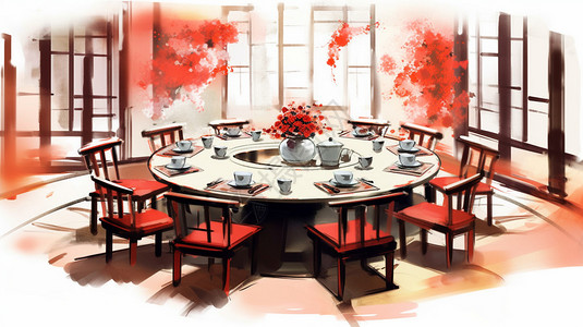中式圆桌宴会的插图插画