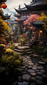 中式庭院的插图背景图片