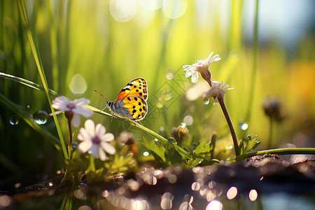 彩色花蝴蝶花丛中有一只蝴蝶背景