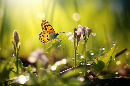 彩色花蝴蝶蝴蝶停留在绿叶上背景