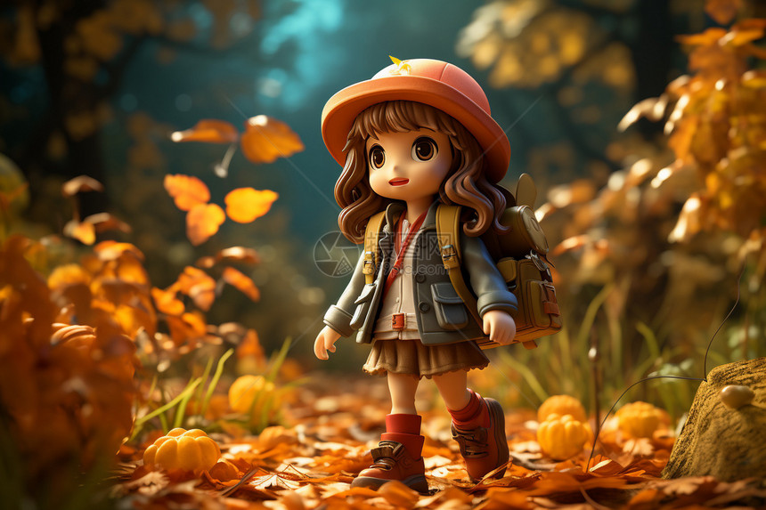 女孩在满是落叶的地上行走图片