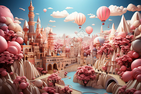 热气球剪纸美丽的城市模型建筑设计图片