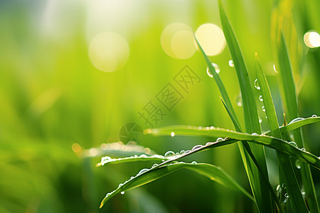 小麦苗生长绿色麦苗上的雨滴背景