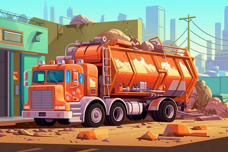焚烧发电厂垃圾处理厂的大型垃圾车插画