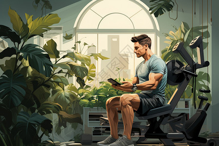 肌肉男士健身健身房中运动的男士插画