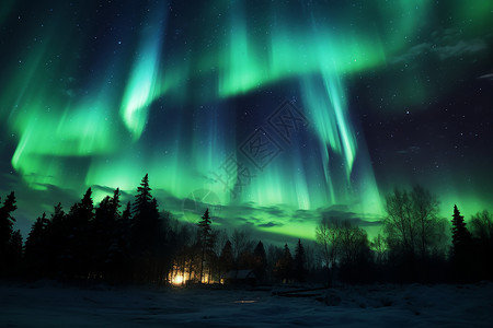 北极光夜空下的森林与灯塔高清图片