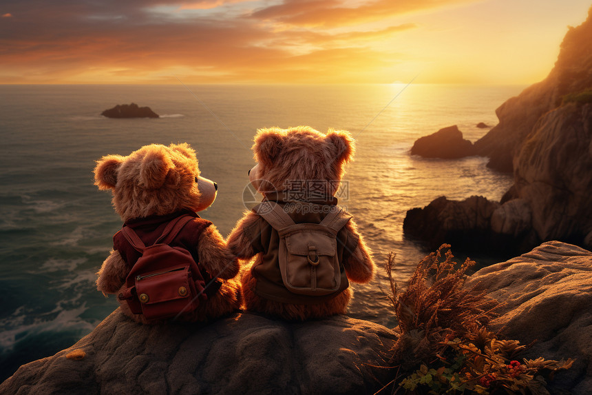 日落海边牵手的泰迪熊图片
