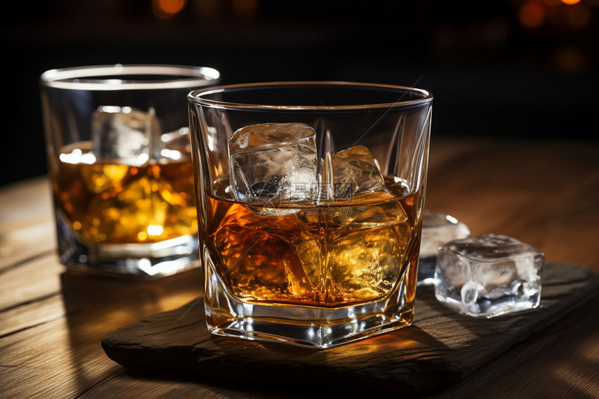 木桌上的一杯带冰块的威士忌，背后是点亮的背景和一个木制托盘图片