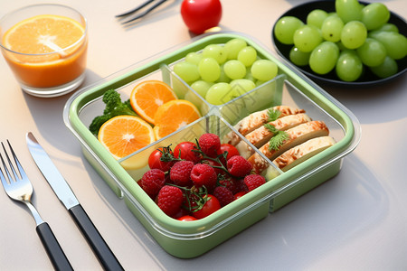 健康的午餐新鲜橙汁盒高清图片