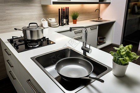 一体式厨房现代公寓的厨房洗菜池背景