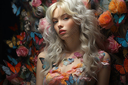 白发少女与绚丽蝴蝶的奇幻世界背景图片
