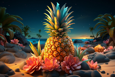 多彩玻璃质感菠萝艺术品背景图片