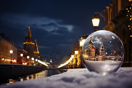 水晶球中的冬季城市夜景背景图片