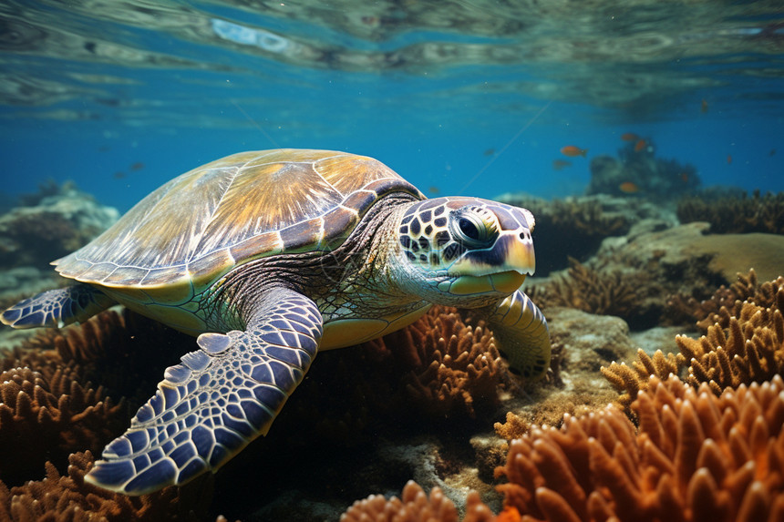 海底世界中的海龟和珊瑚群图片