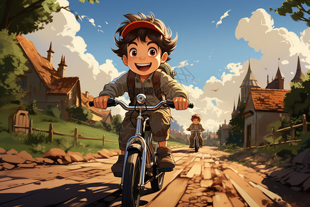 开汽车小男孩骑自行车的小男孩插画