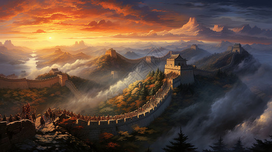 中国古建筑城墙中国建筑风景名胜的绘画插画