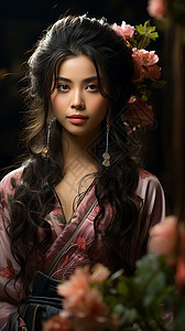 粉色汉服的中国女孩背景图片