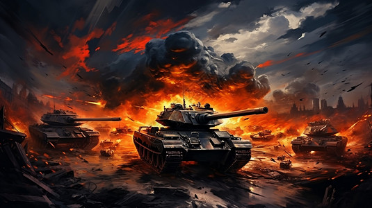 战火场景战火中的坦克插画