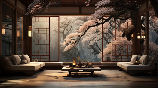 室内背景图日式风格的房间插画