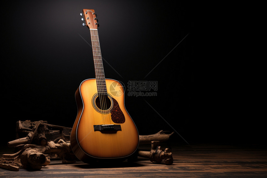 木吉他与黑色背景图片