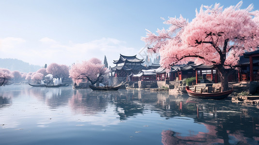 粉色的江南水乡图片