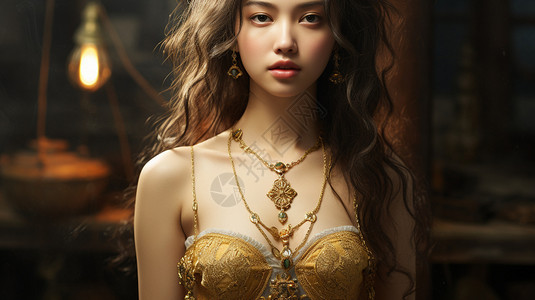 金色吊带裙的美女背景图片