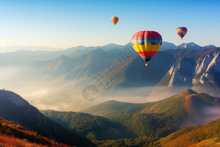 热气球飞越山脉背景图片