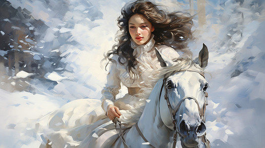 美女牵马骑白马的美女插画