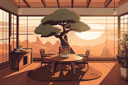 干净餐桌会议室和盆景树插画