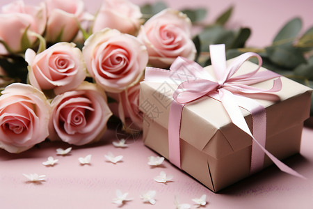 浪漫的花束和粉红色礼盒图片