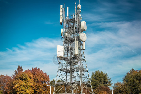 蓝天下的微波通讯塔高清图片