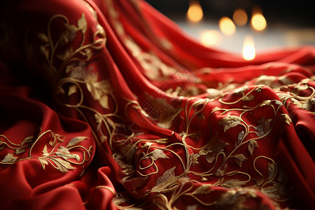 红色绸缎上的金线刺绣背景图片