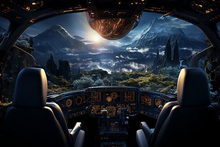 星空月夜中的航空驾驶舱景观图片