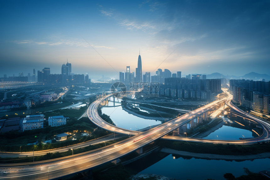 夜幕下的城市天际线和河流图片