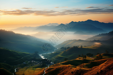 山间迷雾迷雾笼罩的山间景观背景