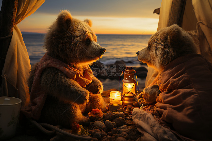 两只泰迪熊坐在一堆木块上俯瞰着宁静的海岸线图片