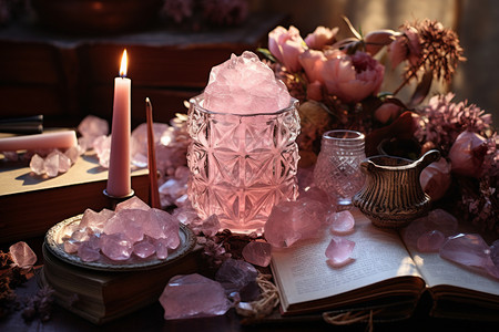 粉色晶石和蜡烛图片