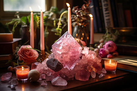 粉色的晶石和蜡烛背景图片