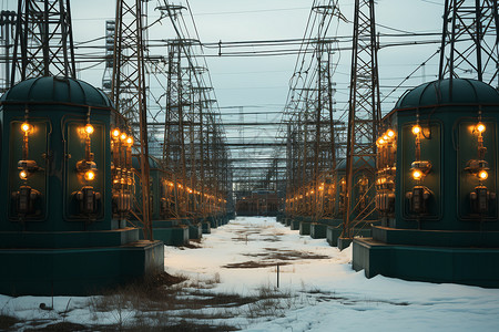 高压电线塔下的雪景图片
