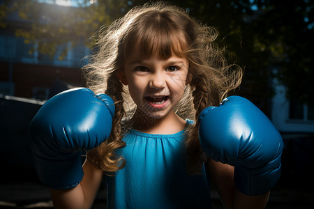 小女孩扛起拳击手套做鬼脸的照片图片