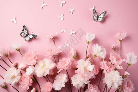 粉色的花束与蝴蝶背景图片
